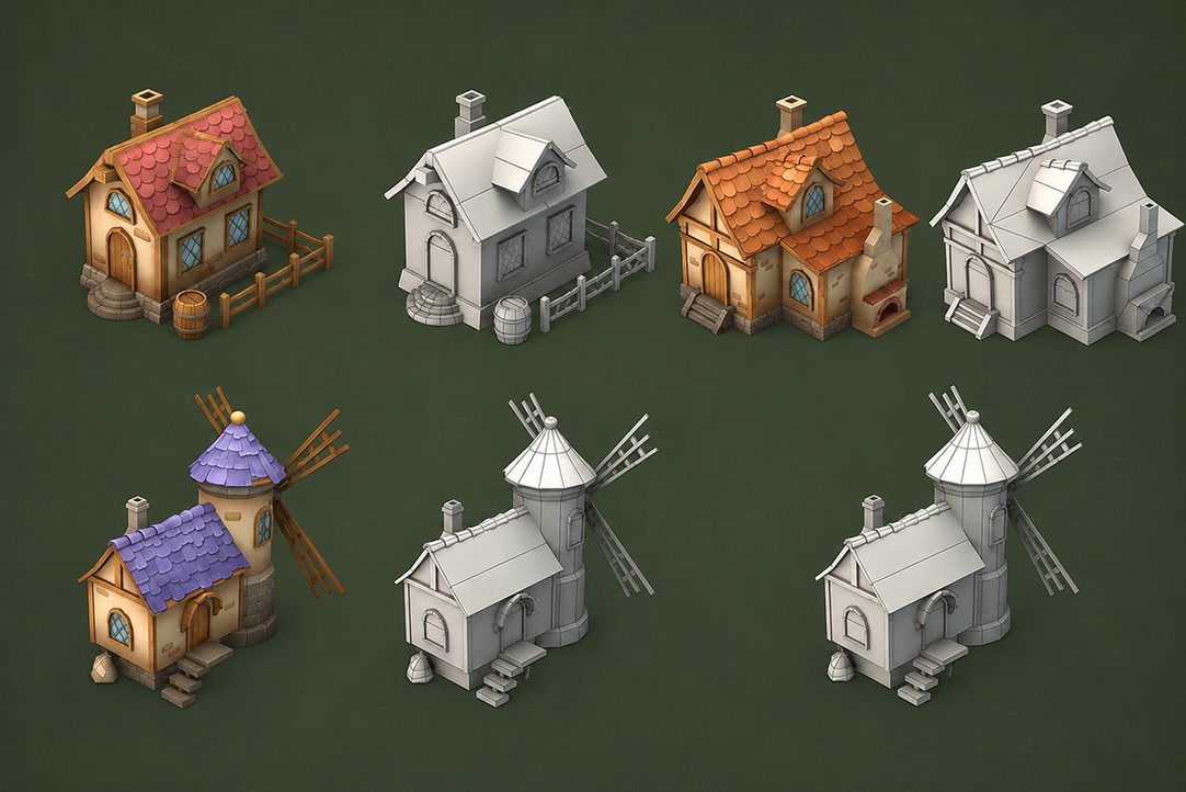 The same buildings as greybox and as finished coloured art